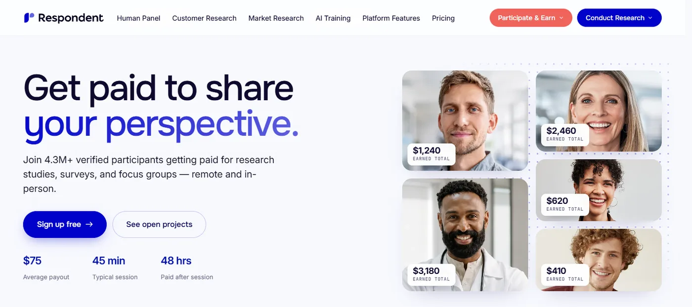 Respondent participant page showing a $75 average payout, a website that pays you for research interviews