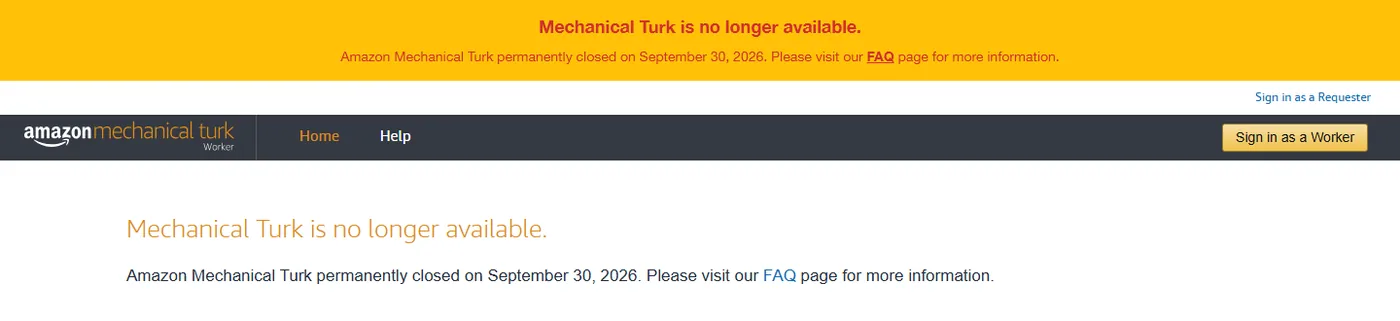 Amazon Mechanical Turk closure notice stating it permanently closed on September 30, 2026