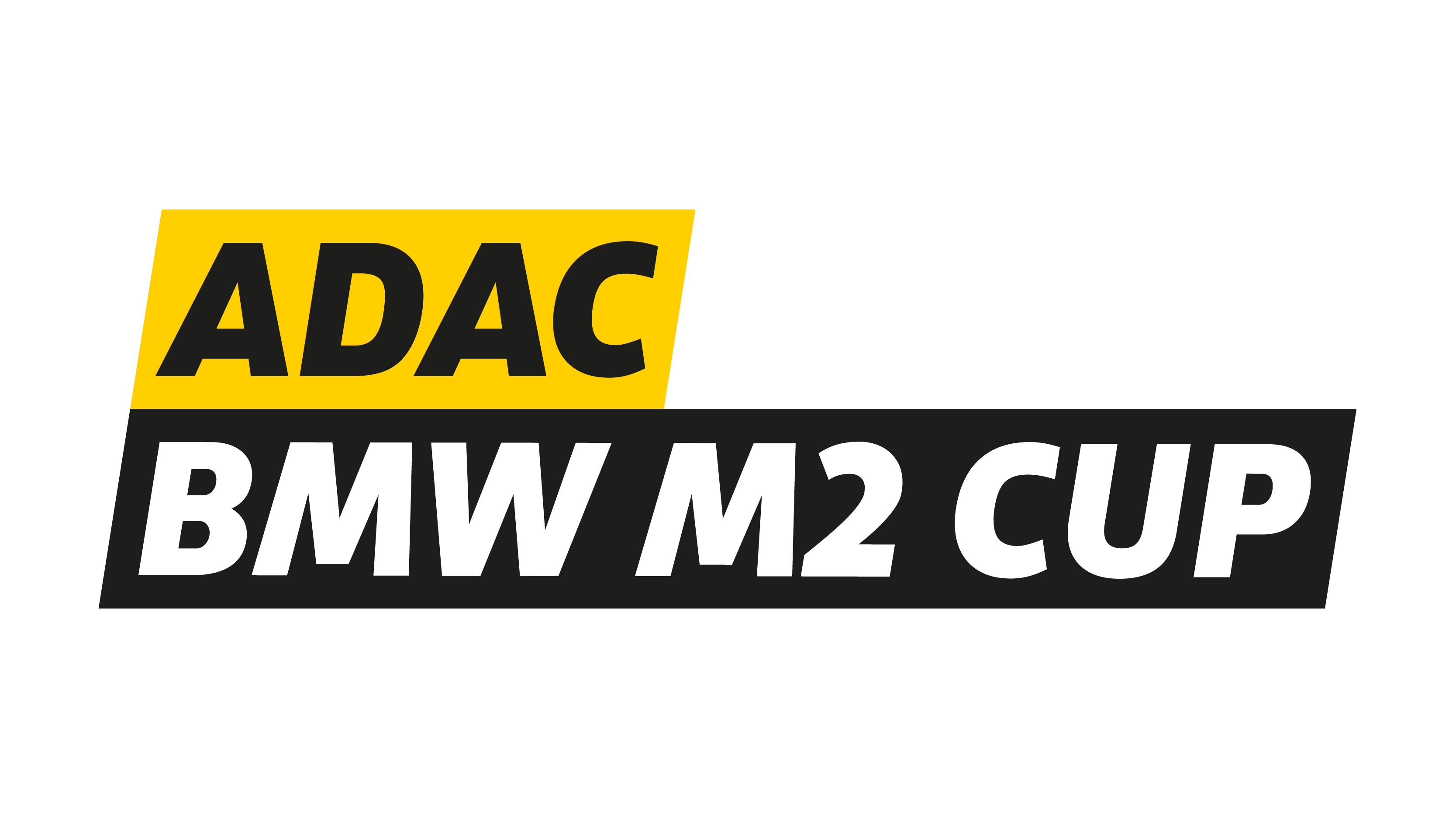Logo des ADAC BMW M2 Cups mit gelbem ADAC-Schriftzug und weißem Text auf schwarzem Hintergrund.