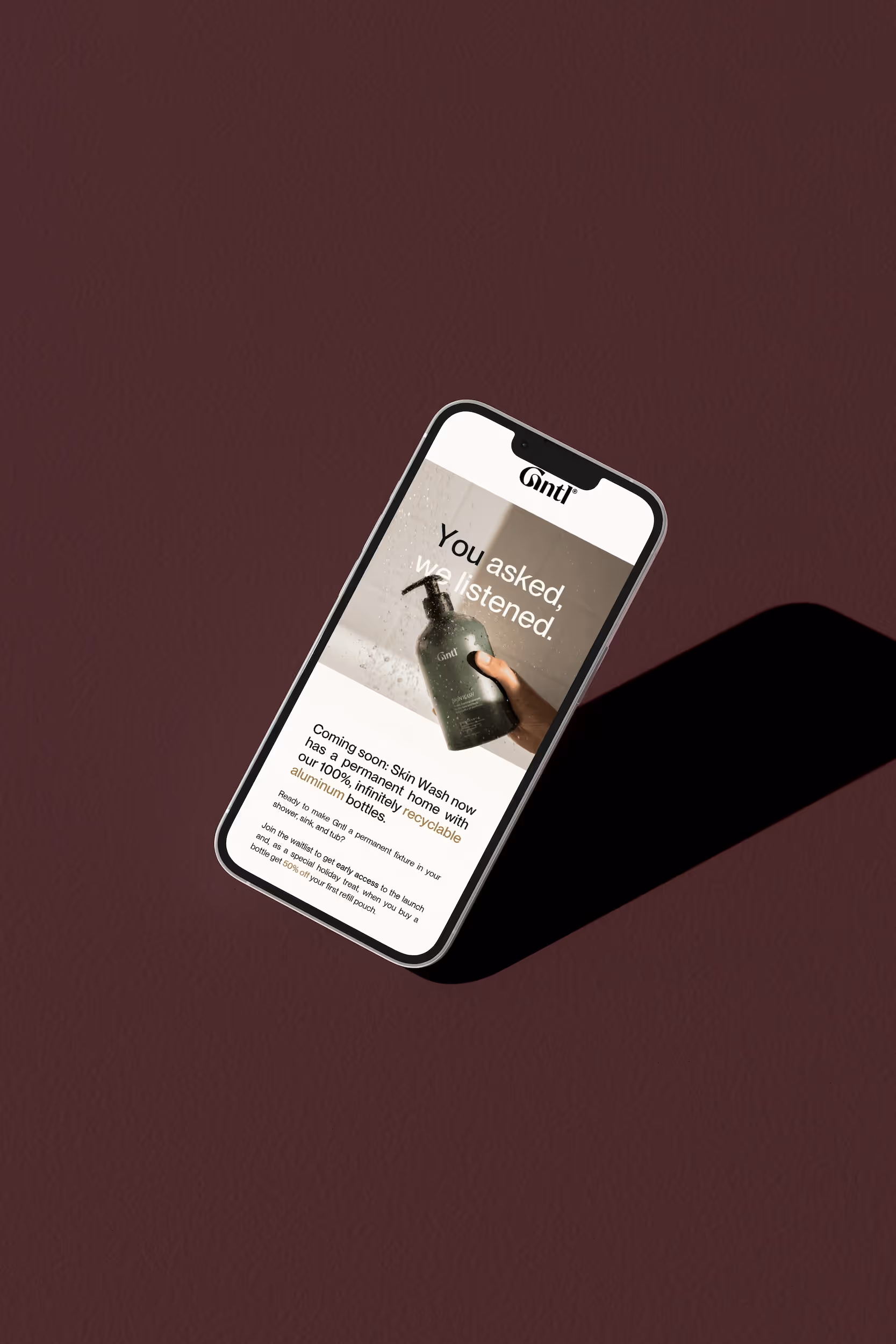 A phone mockup of the email design done by OAKS for their Gntl client.