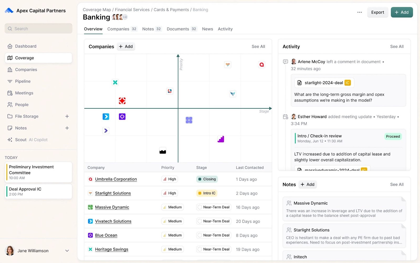Screenshot of the Meridian private equity CRM platform
