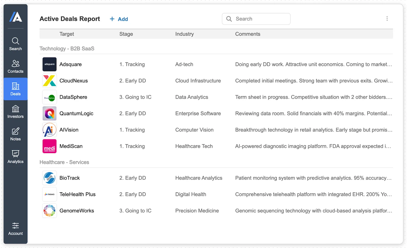 Screenshot of the ListAlpha private equity CRM platform