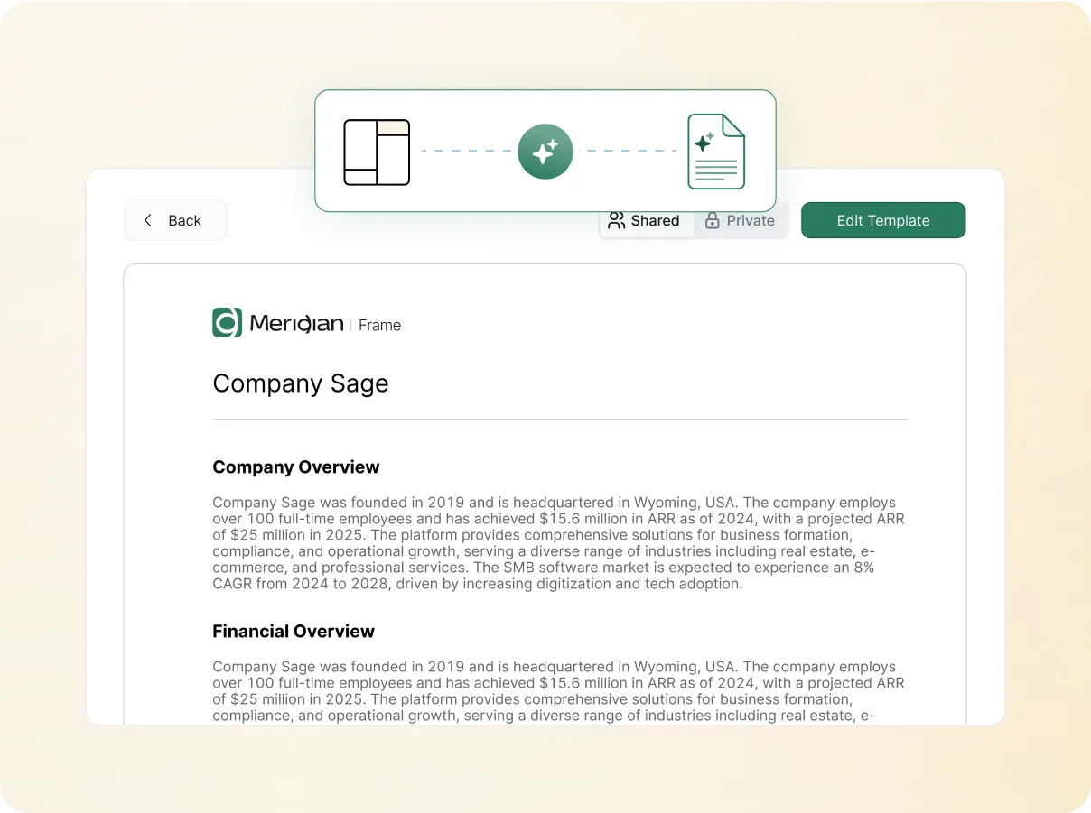 Image of a tear sheet generated by Meridian Frame