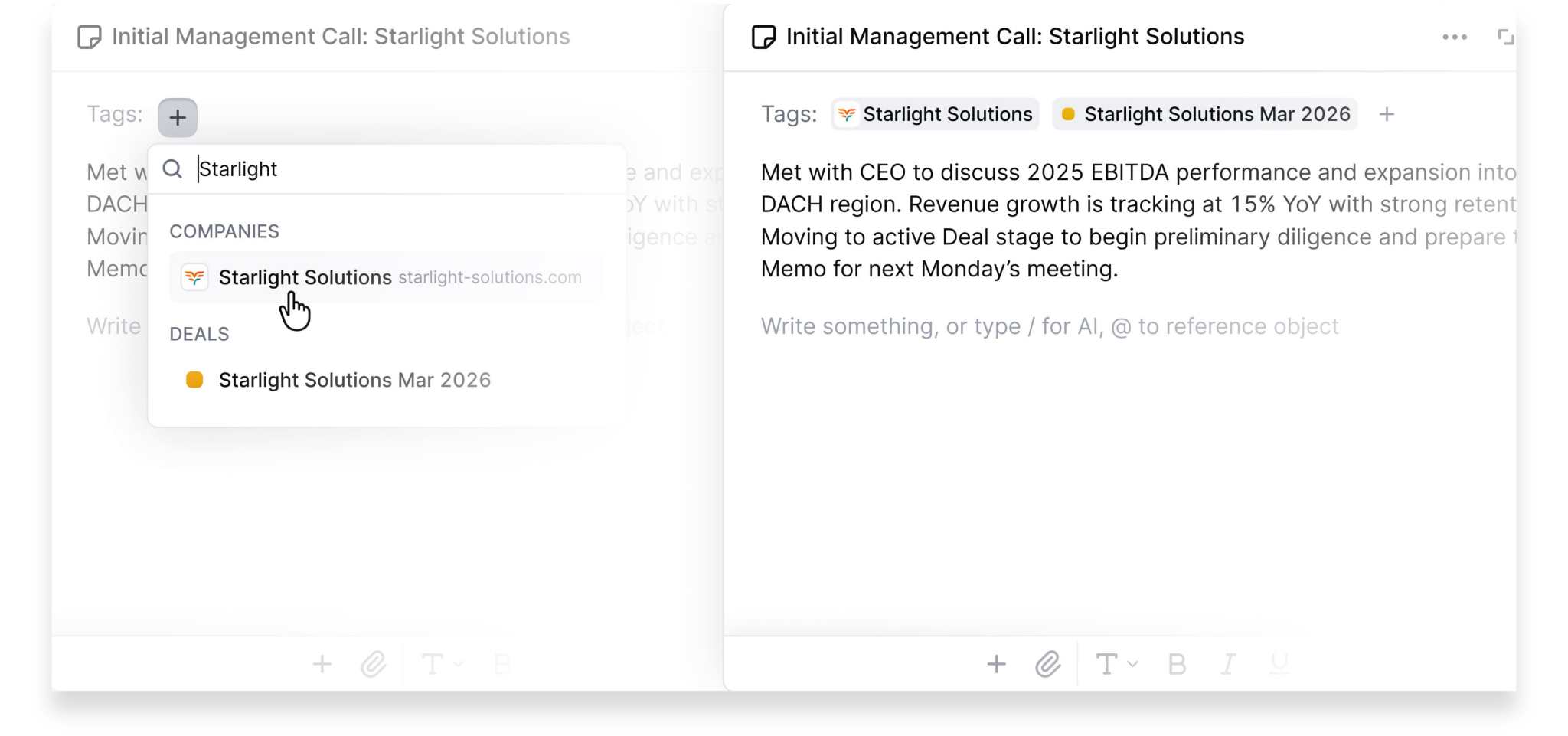 Auto-Tagging Interactions and Notes Across Companies and Active Deals