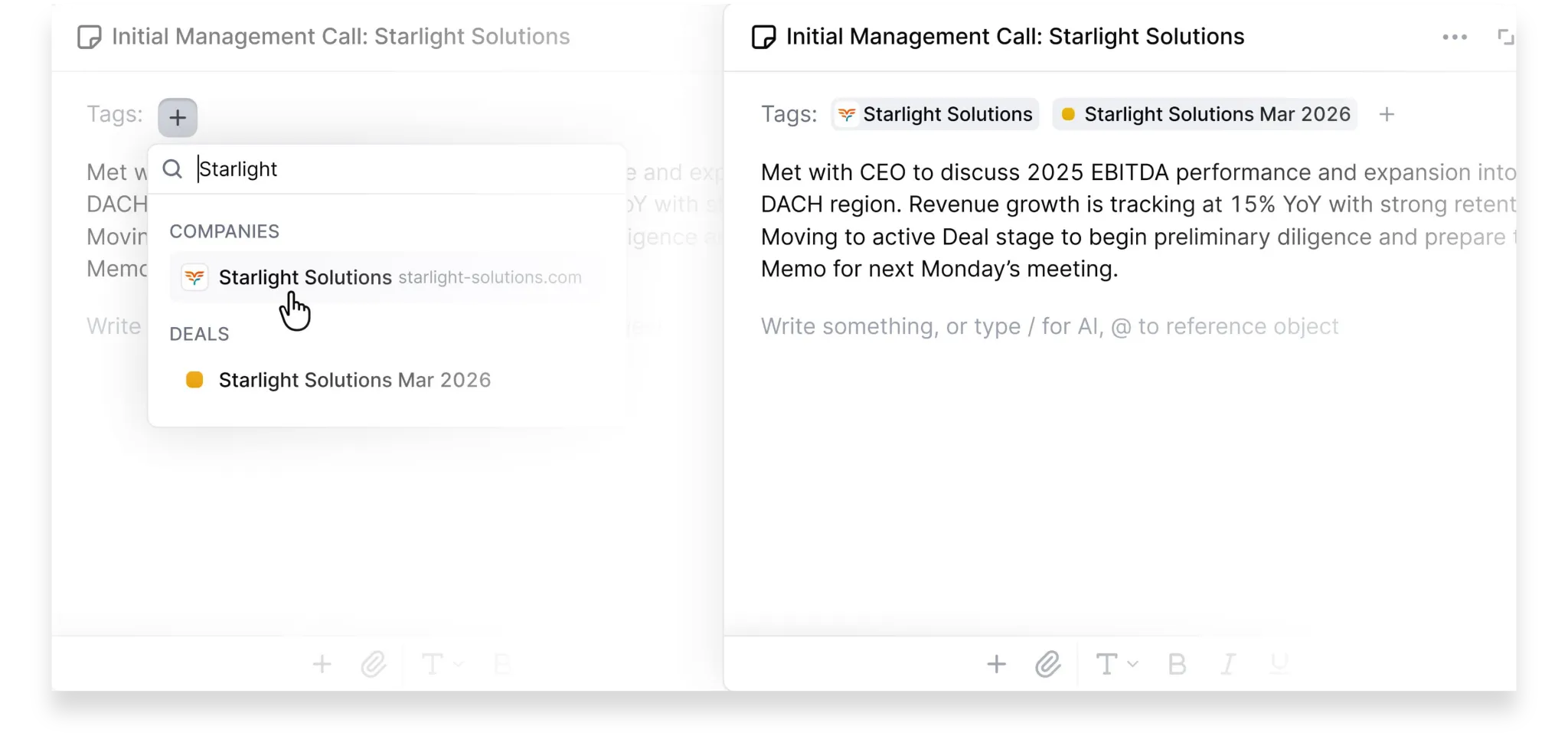 Auto-Tagging Interactions and Notes Across Companies and Active Deals