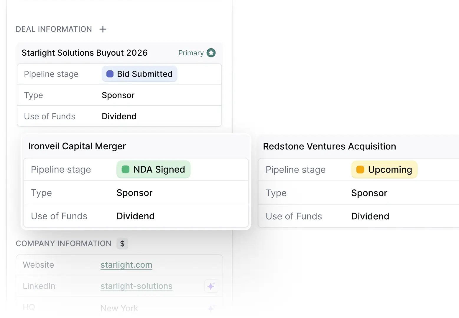 Screenshot of a Meridian company record showing three simultaneous active deals — Starlight Solutions Buyout 2026 (Bid Submitted), Ironveil Capital Merger (NDA Signed), and Redstone Ventures Acquisition (Upcoming) — each with their own pipeline stage, type, and use of funds fields.
