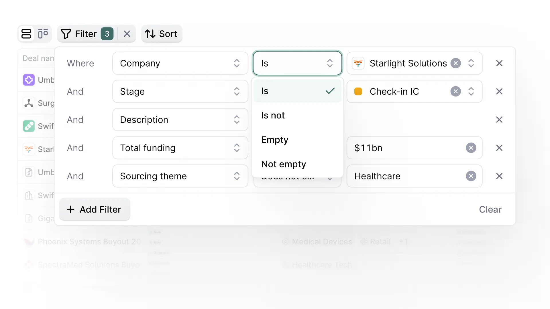 Screenshot of Meridian's advanced filter menu showing five stacked AND filter rules across different attributes — Company, Stage, Description, Total Funding, and Sourcing Theme — with an open operator dropdown displaying options including Is, Is not, Empty, and Not empty.