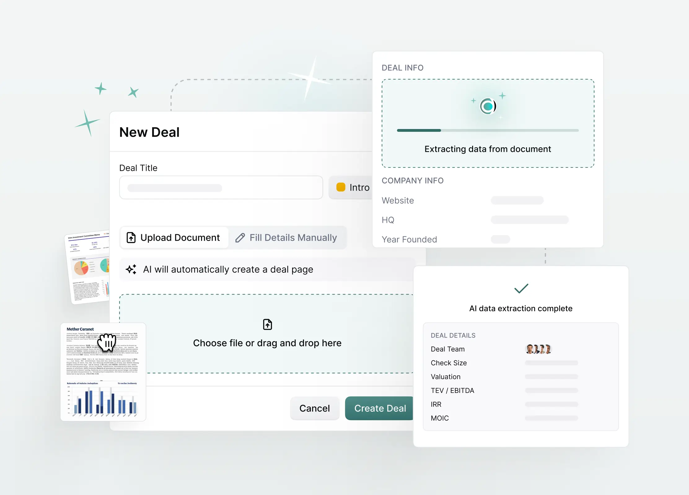 Dashboard screenshot showcasing key information and analytics for a newly created deal in a business platform