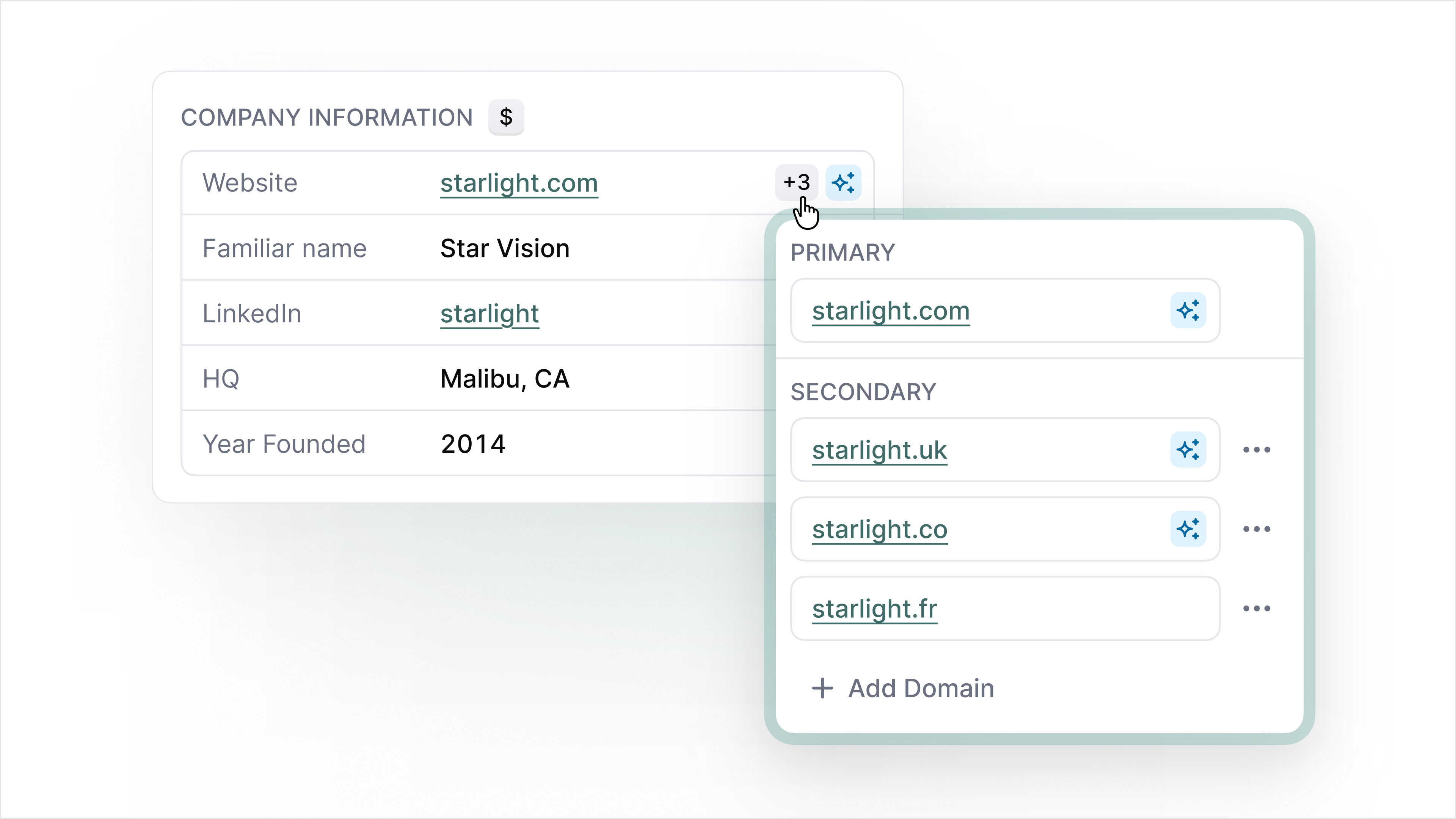 Meridian company record for Star Vision with an open domains panel showing a primary domain (starlight.com) and three secondary domains (starlight.uk, starlight.co, starlight.fr), plus an Add Domain option.