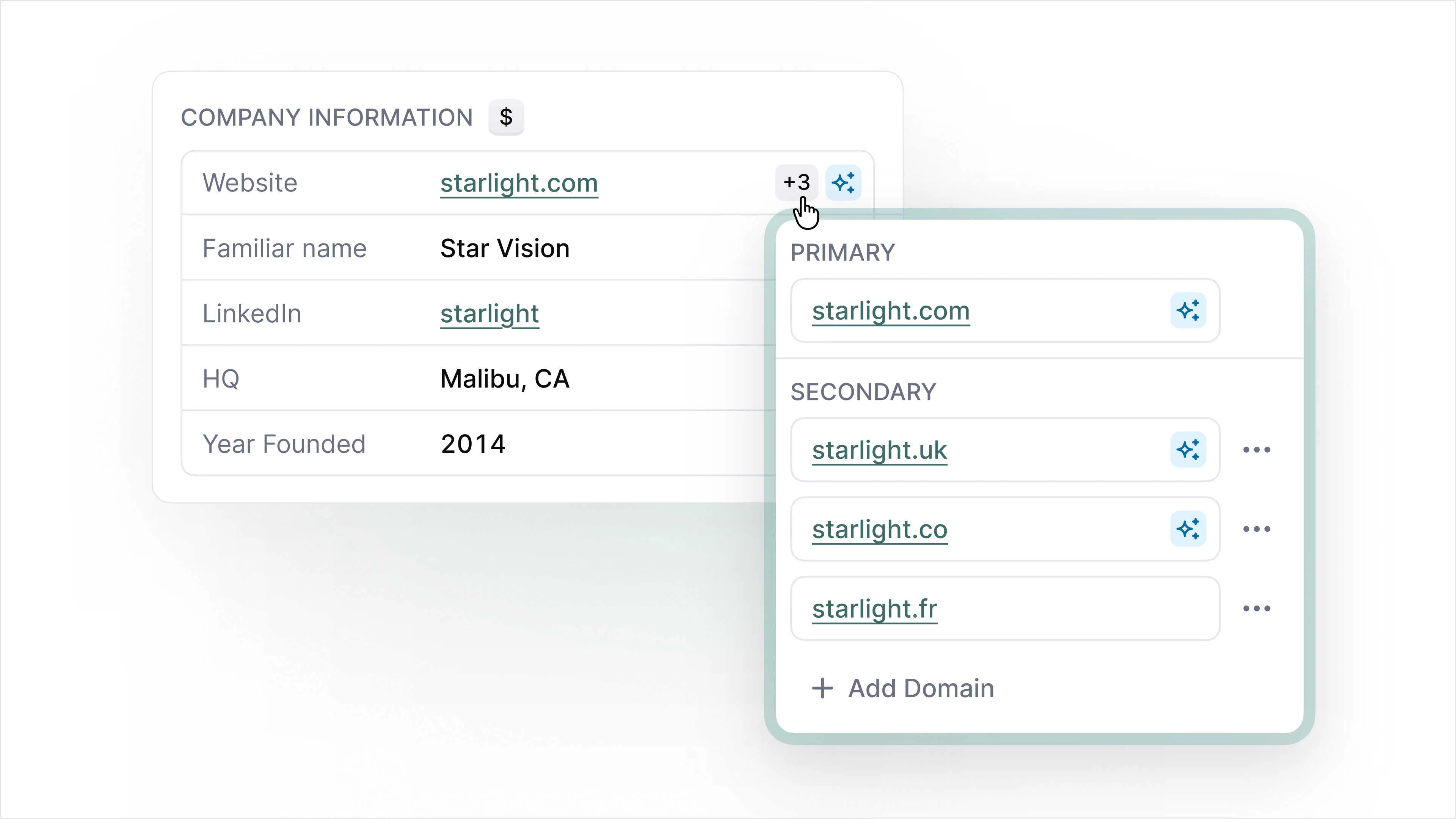 Meridian company record for Star Vision with an open domains panel showing a primary domain (starlight.com) and three secondary domains (starlight.uk, starlight.co, starlight.fr), plus an Add Domain option.