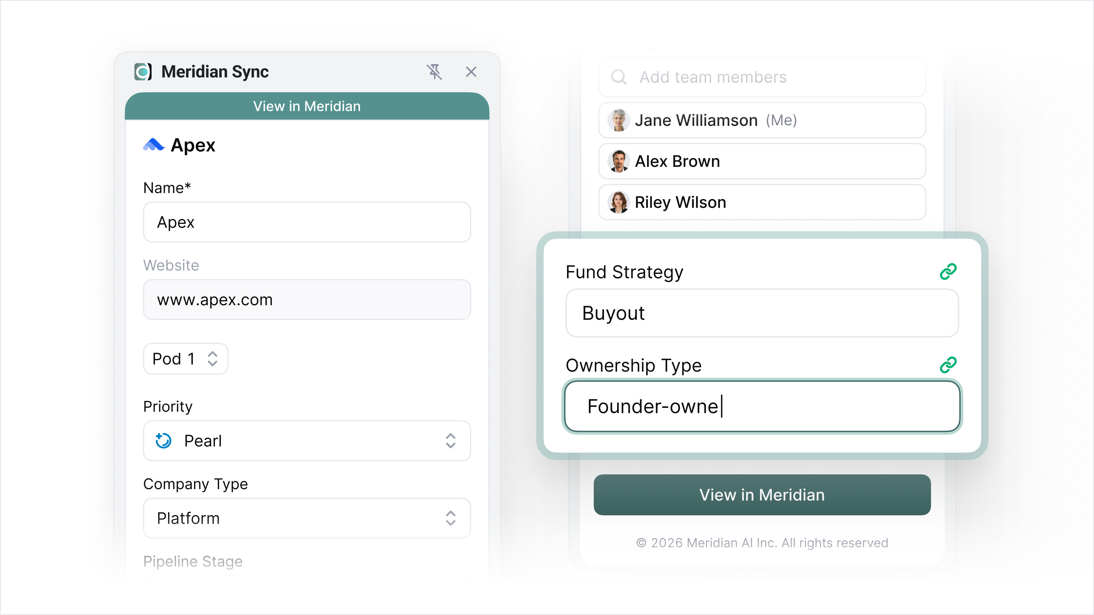 The Meridian Sync Chrome extension showing an editable company record for Apex, with fields including name, website, priority, and company type, and linked fields (Fund Strategy, Ownership Type) marked with a link icon to show they sync with connected deal records.