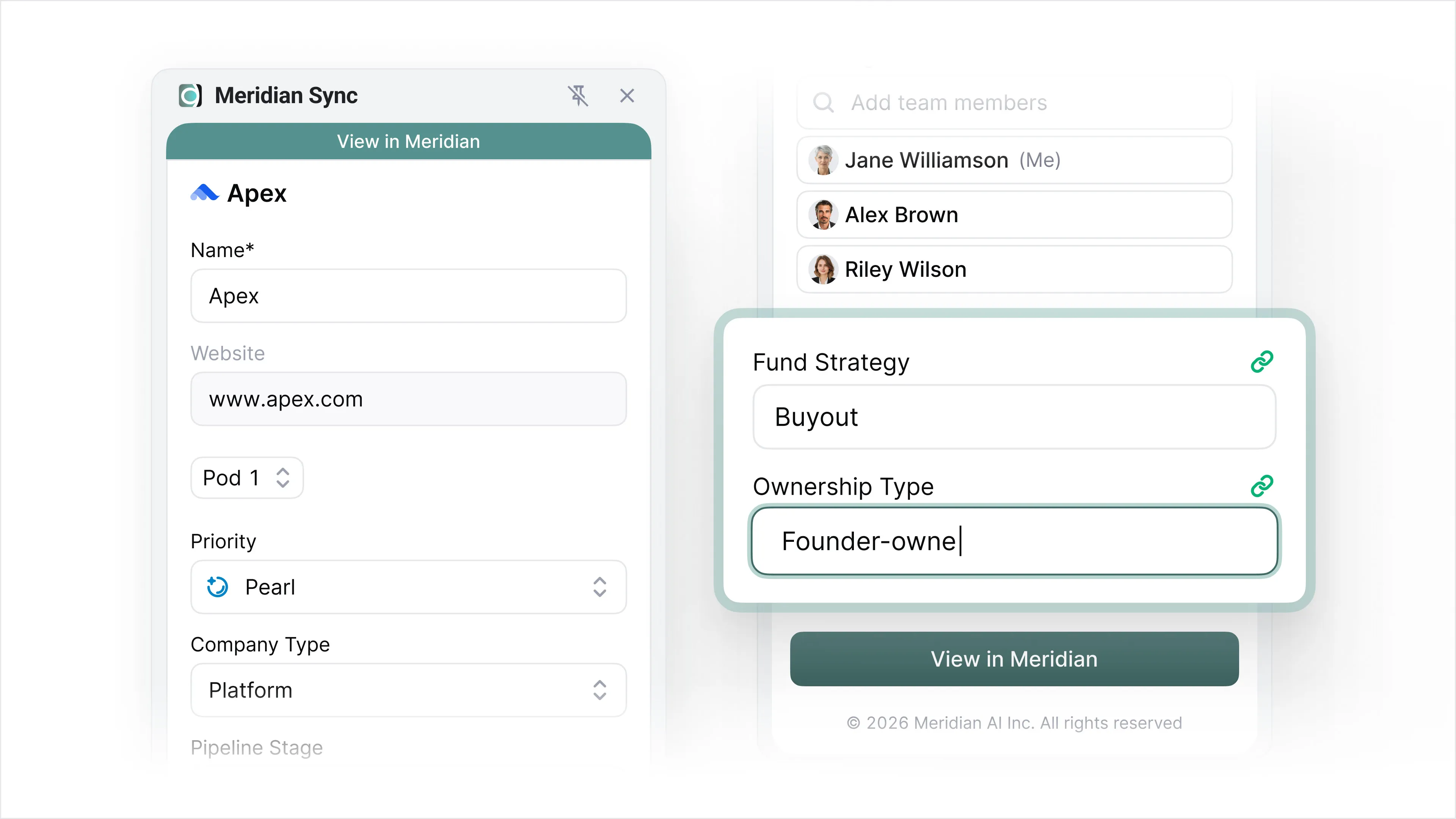 The Meridian Sync Chrome extension showing an editable company record for Apex, with fields including name, website, priority, and company type, and linked fields (Fund Strategy, Ownership Type) marked with a link icon to show they sync with connected deal records.