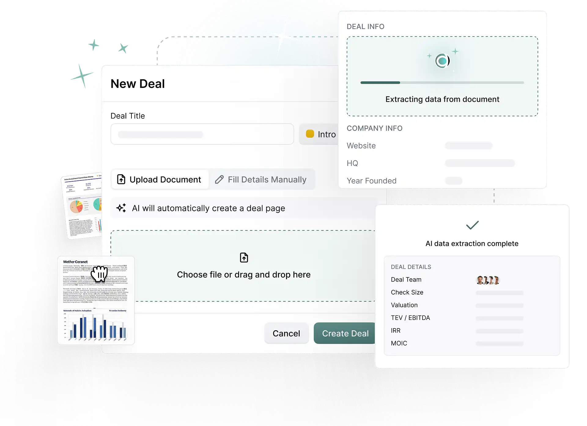 Meridian's AI extracting deal metrics from an uploaded CIM: a "New Deal" form auto-fills company info and deal details like Check Size, Valuation, TEV/EBITDA, IRR, and MOIC once extraction completes.