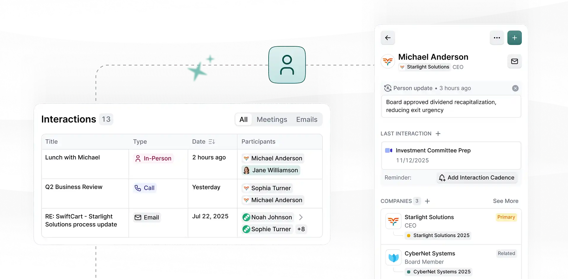 Meridian's Scout AI auto-captures the email, meeting, and call history, scores each connection by recency and frequency, and links his companies so the deal team can see who has the warmest path in.