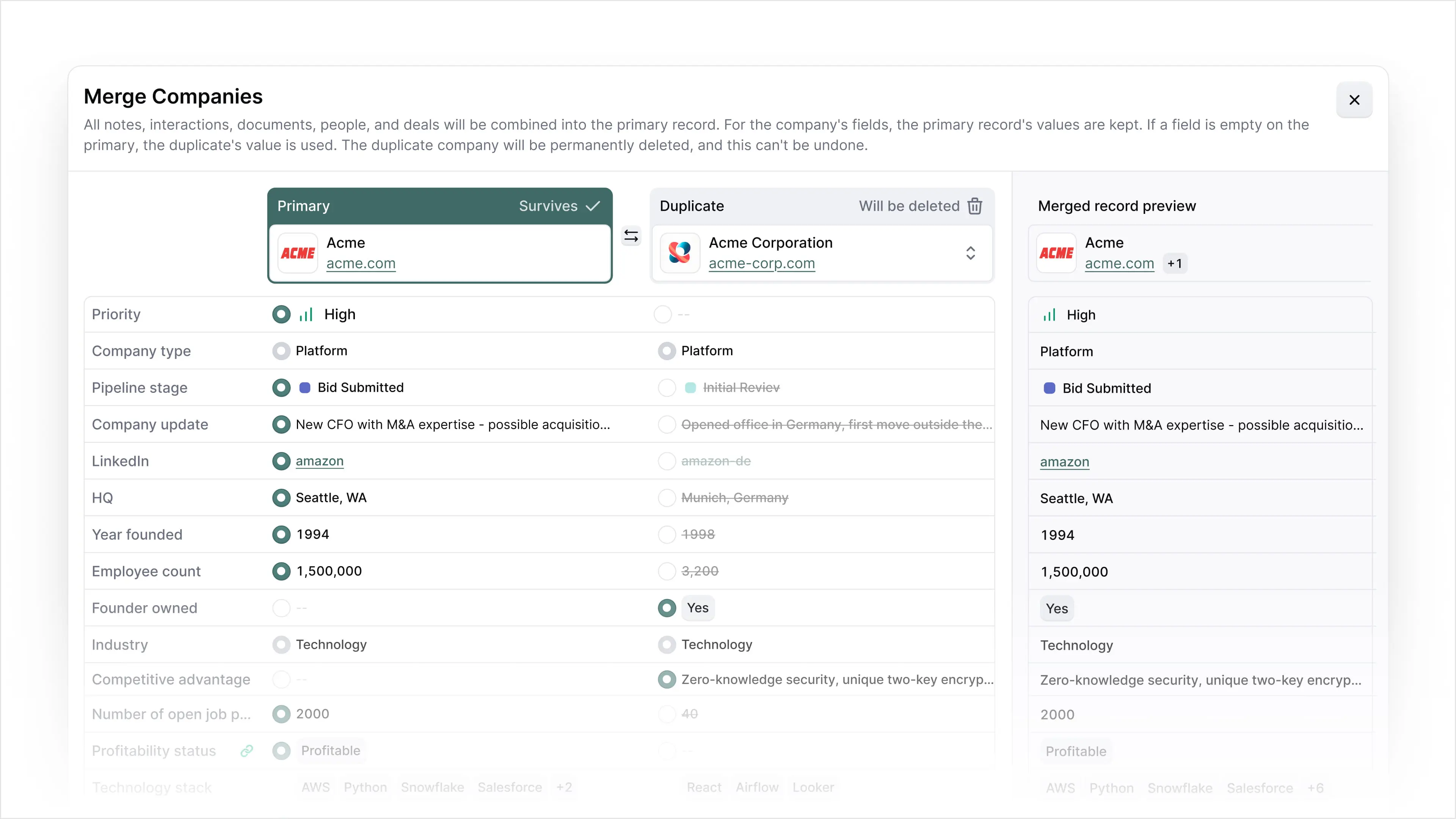 The Meridian Merge Companies screen comparing two duplicate records, Acme and Acme Corporation, side by side with the primary marked to survive and the duplicate to be deleted, a radio button on each field to choose the value to keep, and a merged record preview on the right.