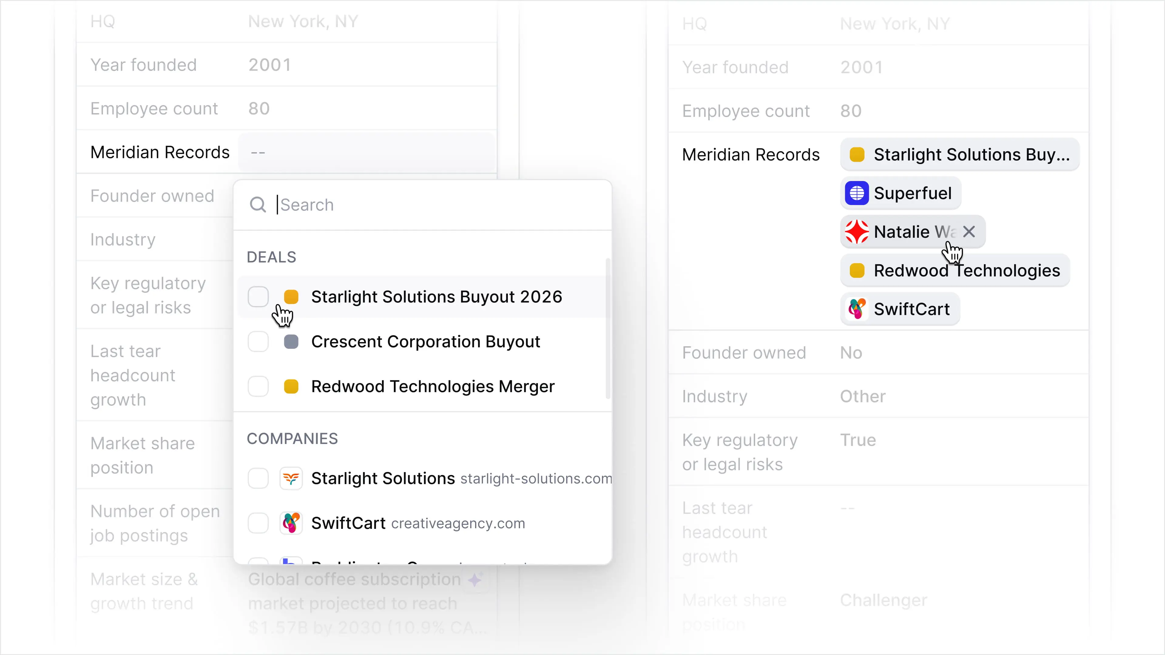 Two states of a Meridian Record field side by side: on the left, an empty field with a search dropdown open to pick related deals and companies; on the right, the field filled with several tagged records (deals, companies, and a person) linked to the company.