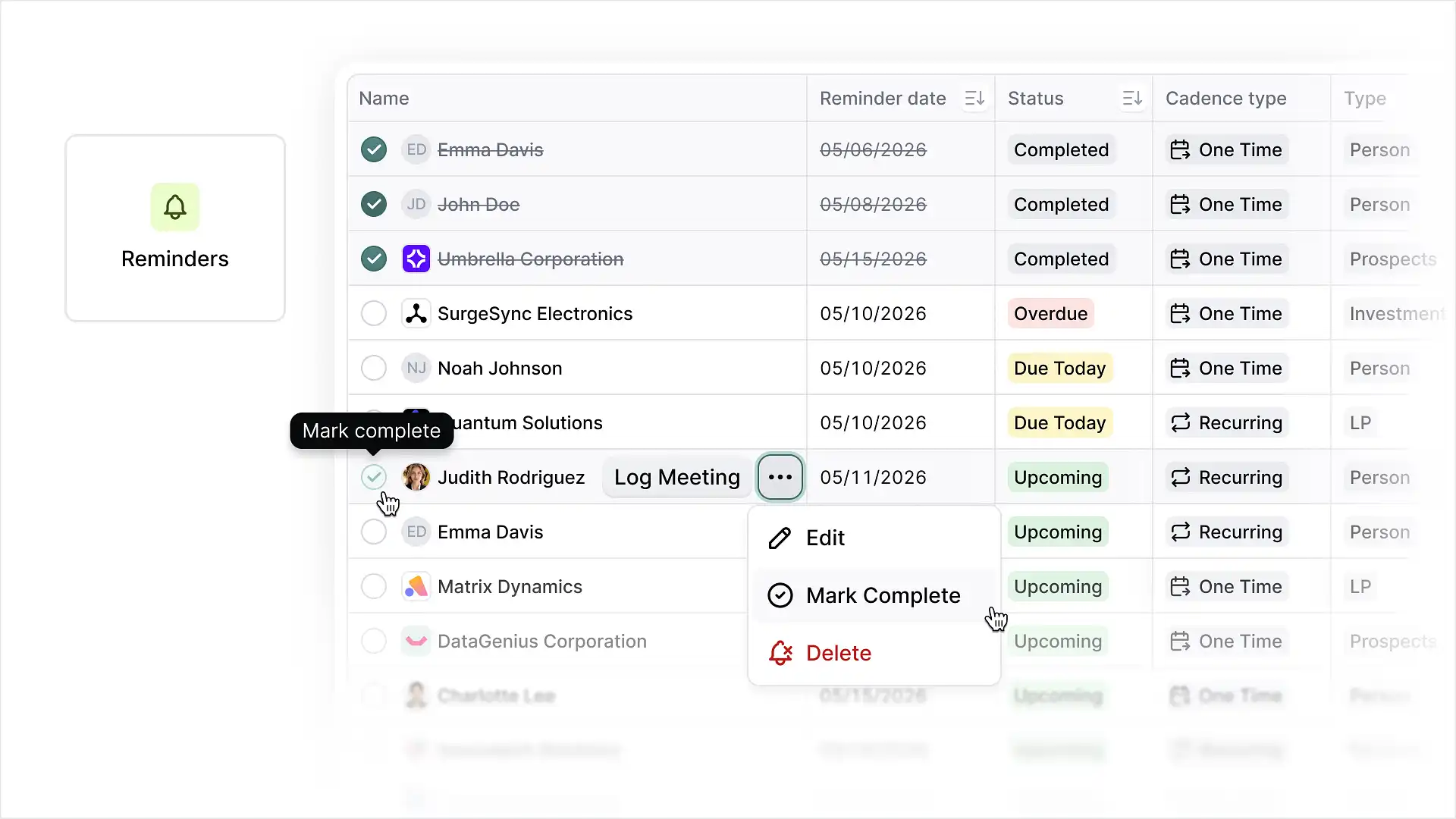 Screenshot of Meridian’s Reminders report showing reminders across people and companies, with statuses and an open action menu.