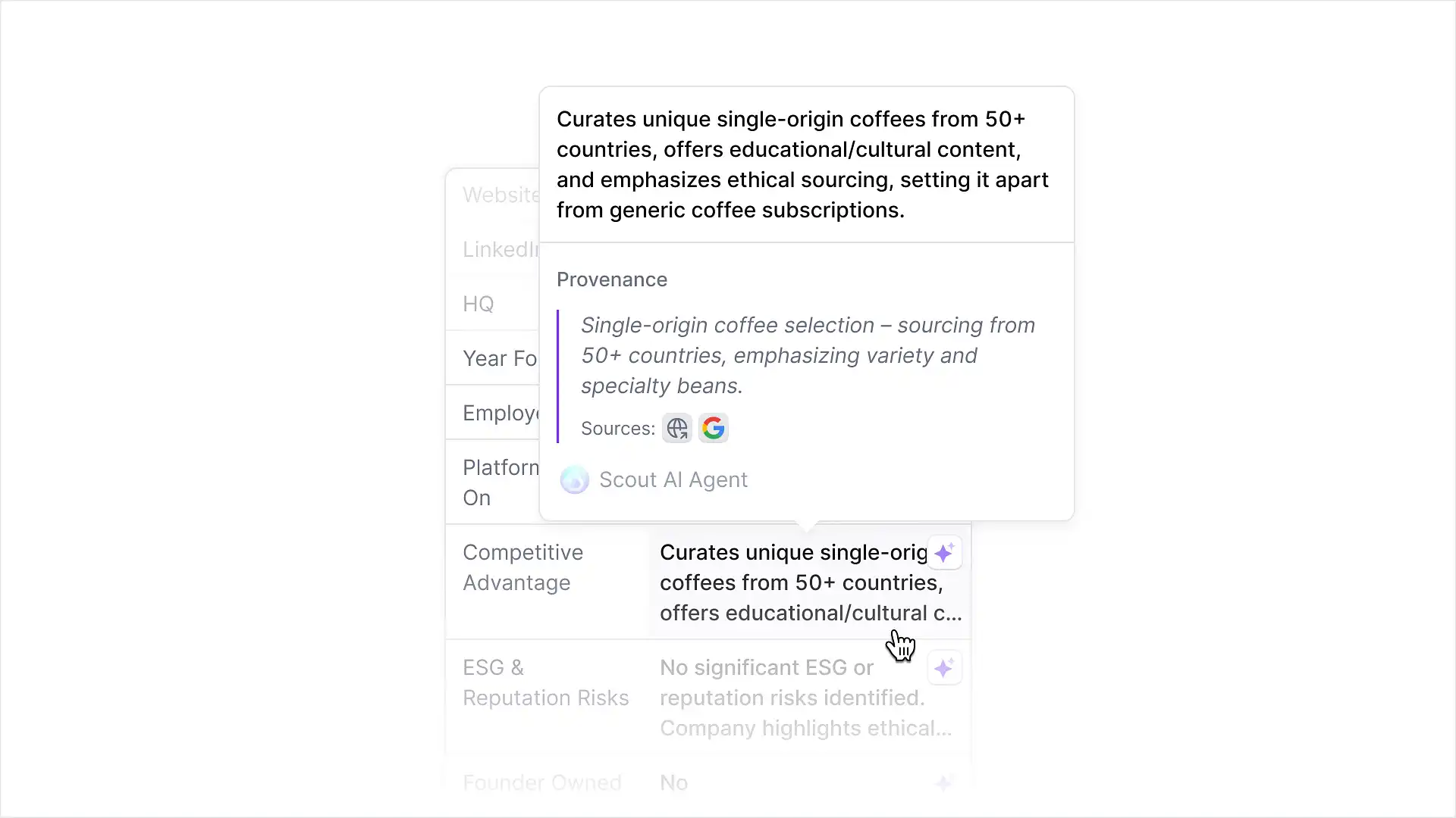 Screenshot of Meridian’s enrichment provenance tooltip on a Competitive Advantage field, showing the enriched value, its source text, and the external sources it was pulled from.
