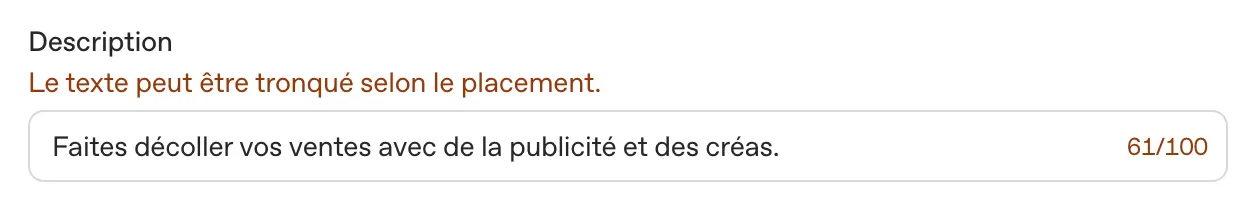 champ description ChatGPT Ads et avertissement de troncature du texte.