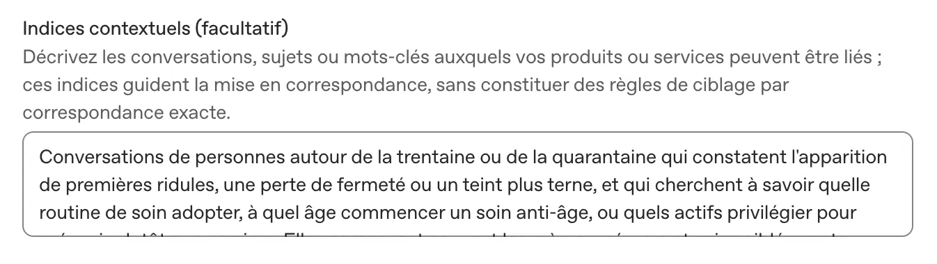 champ indices contextuels du ciblage ChatGPT Ads dans l'Ads Manager.