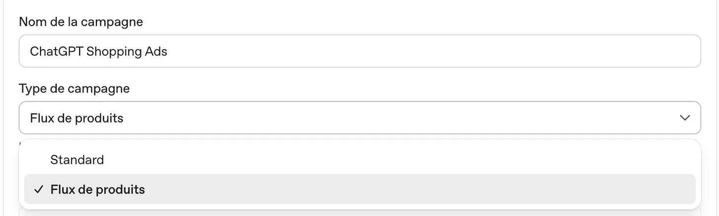 sélection du type de campagne flux de produits sur ChatGPT Ads.
