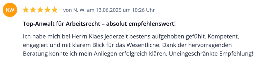 Eine Bewertung über Rechtsanwalt Thomas Klaes, Fachanwalt in Köln
