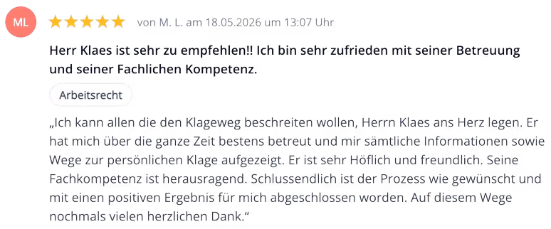 Eine Bewertung über Rechtsanwalt Thomas Klaes, Fachanwalt in Köln