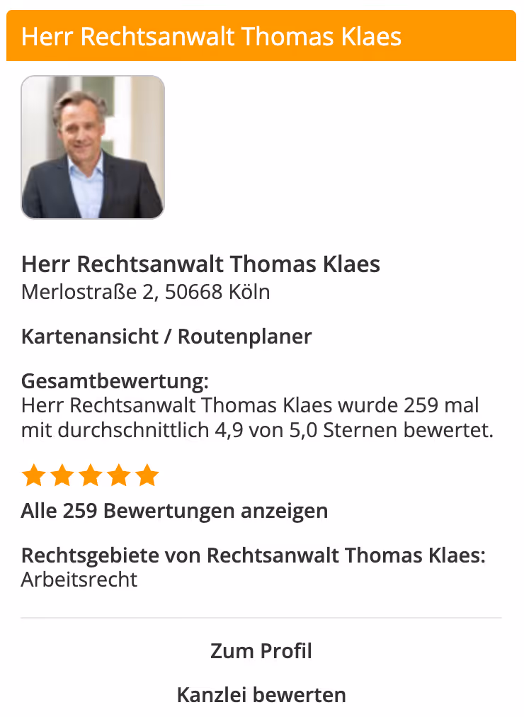 Das Profil von Thomas Klaes bei Anwalt.de