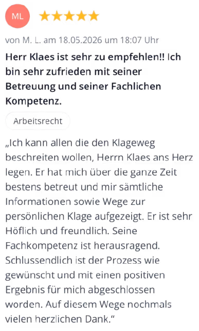 Eine Bewertung über Rechtsanwalt Thomas Klaes, Fachanwalt in Köln