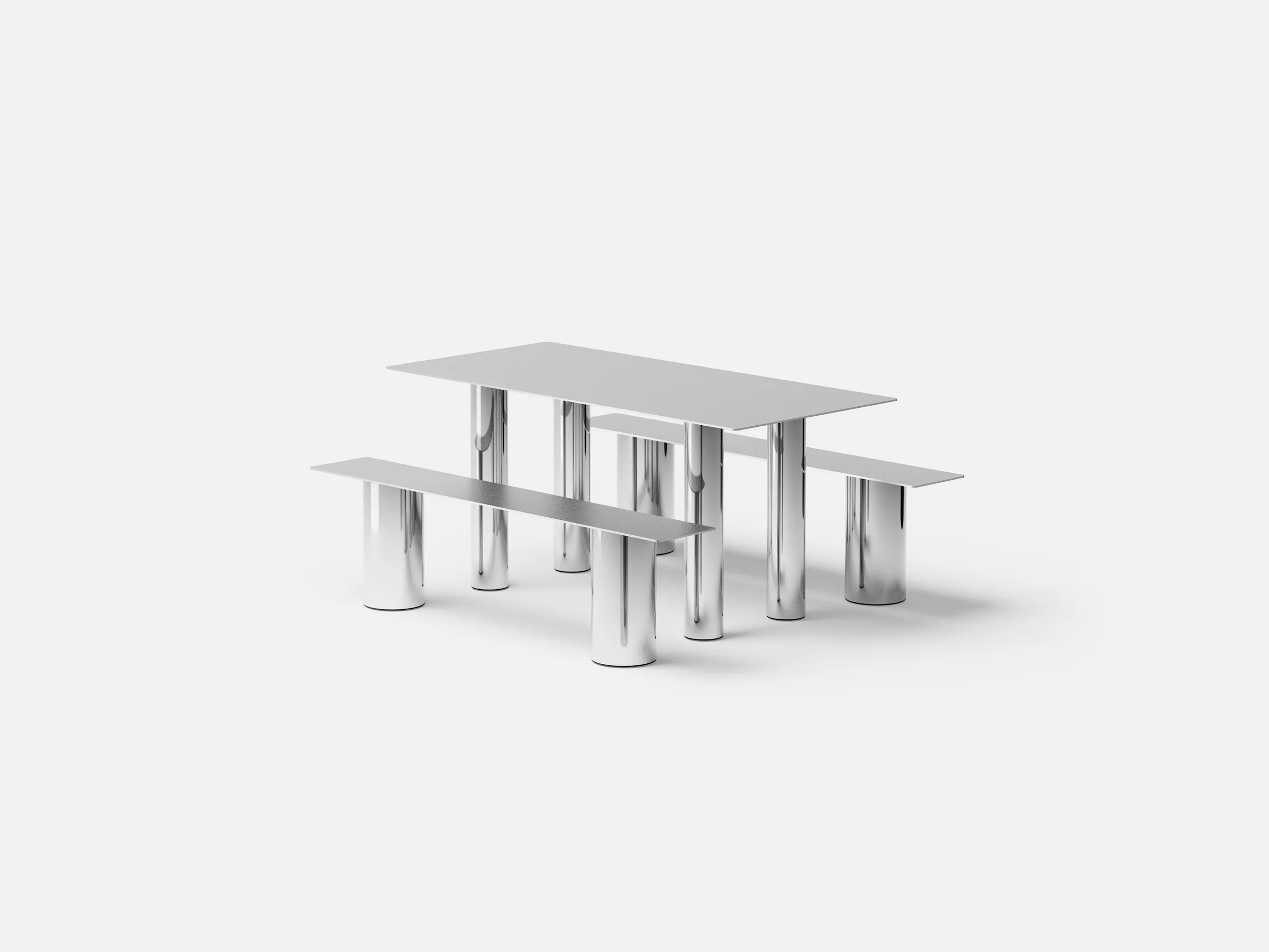Chubb dining table with two benches in polished stainless steel