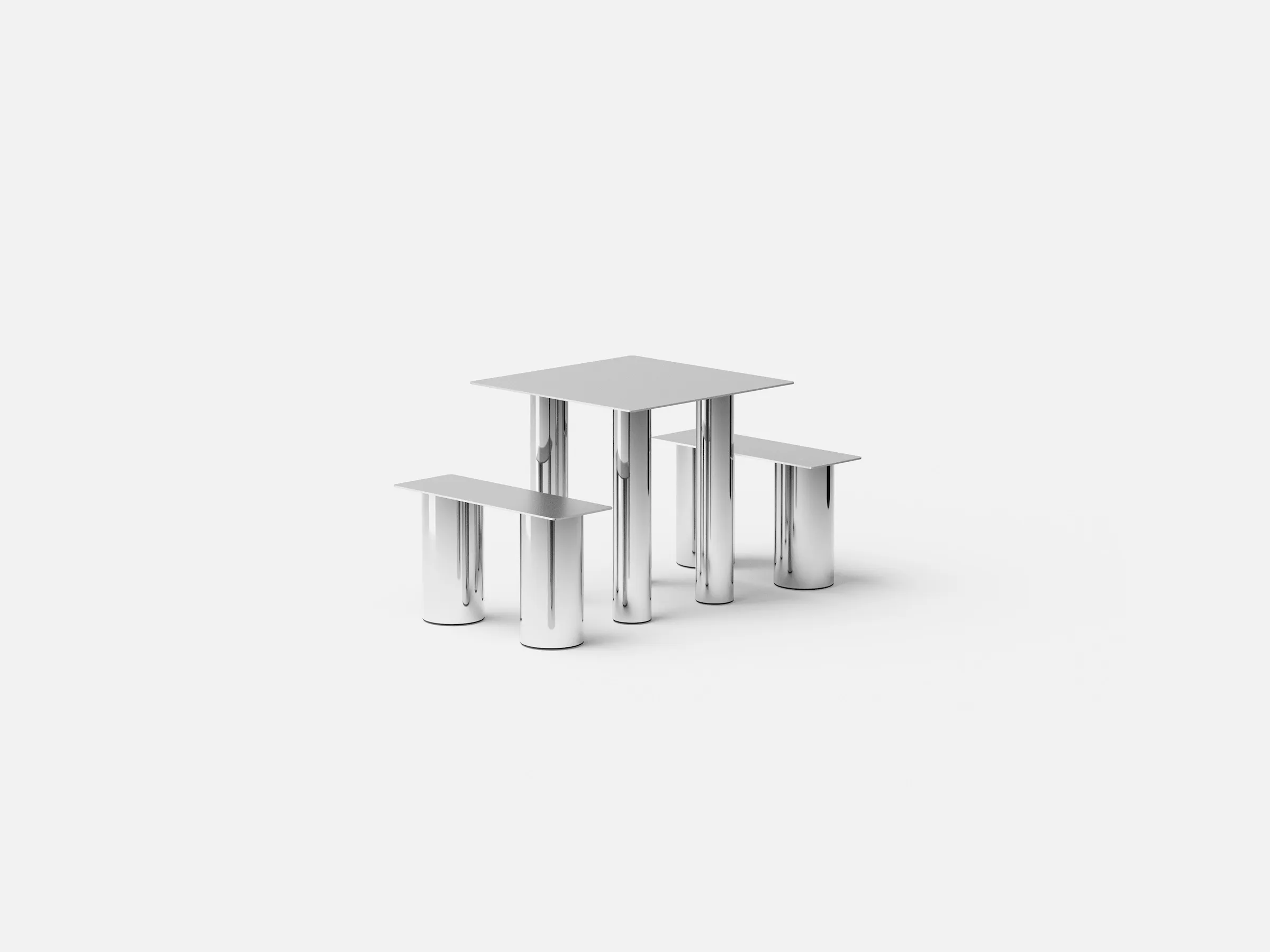Square Chubb table with two benches in polished stainless steel