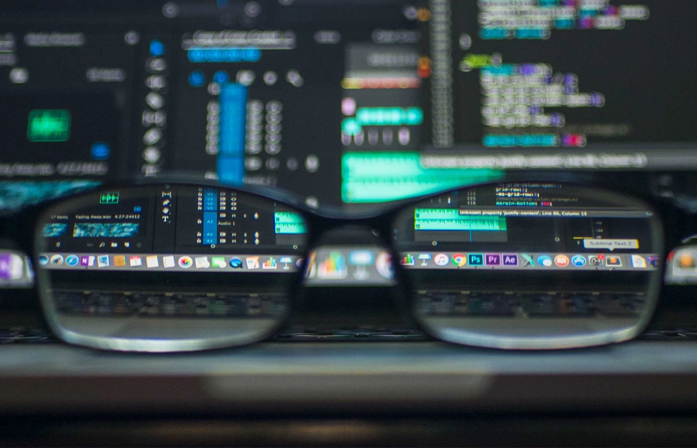 Glasses on desk focused on computer programs