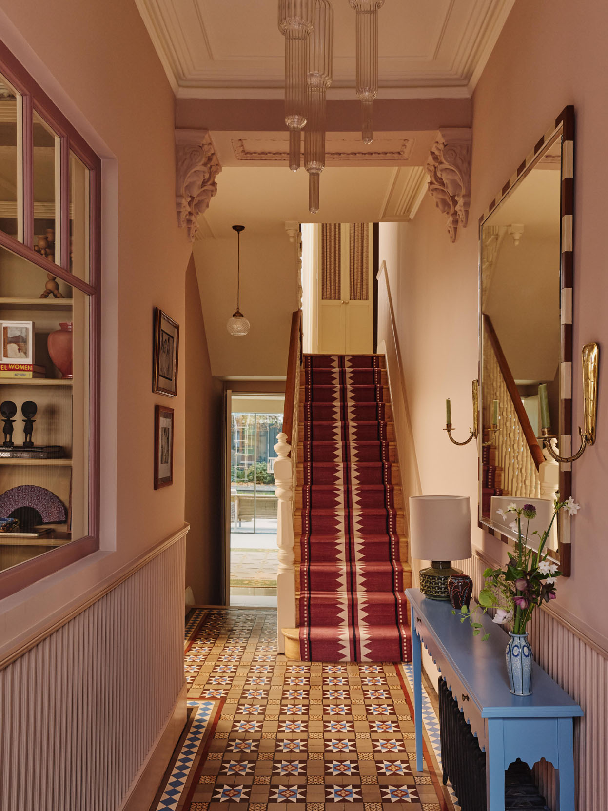 Olive green kitchen with fireplace