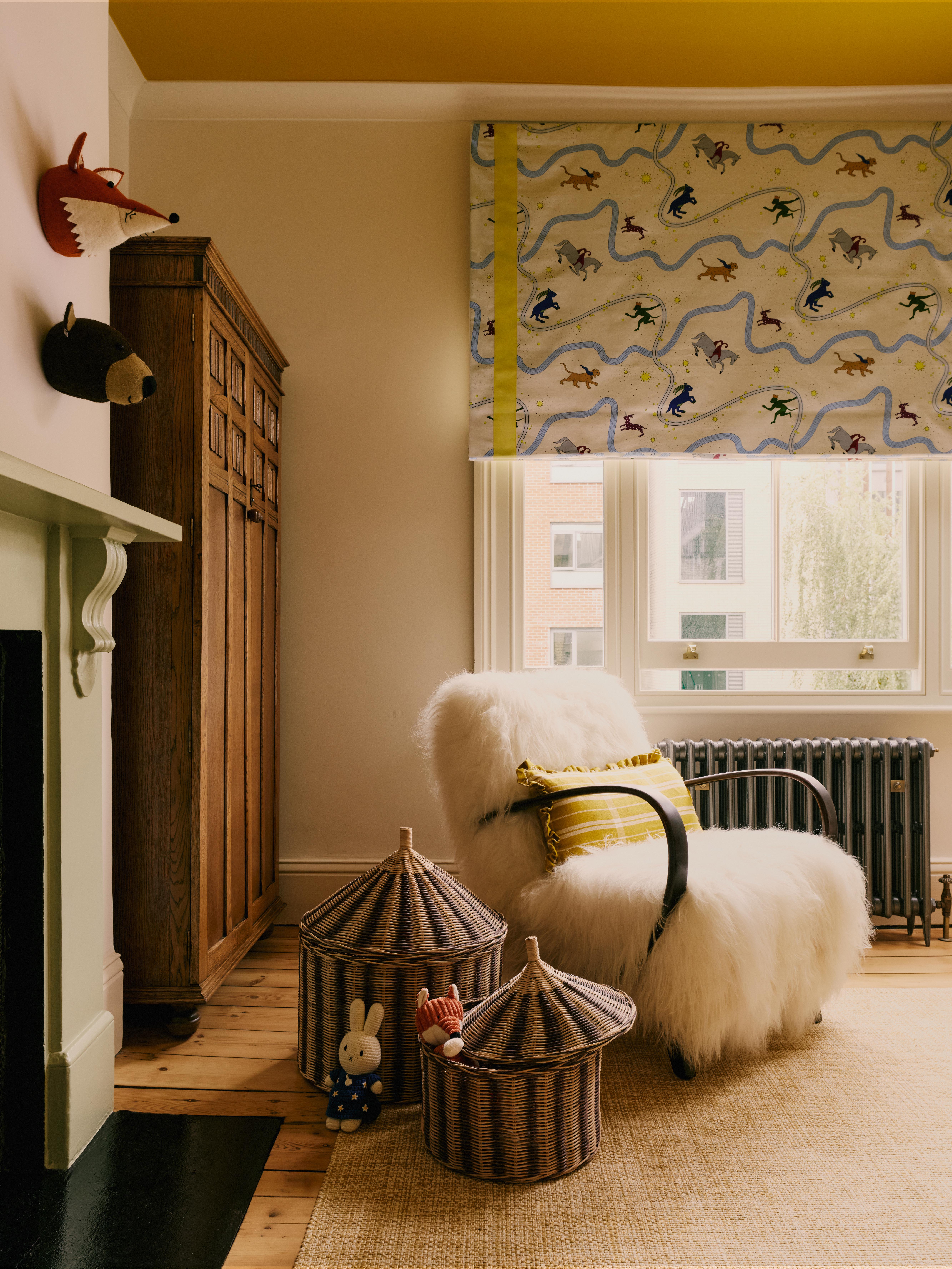 Dining room with cream curtains and steel doors