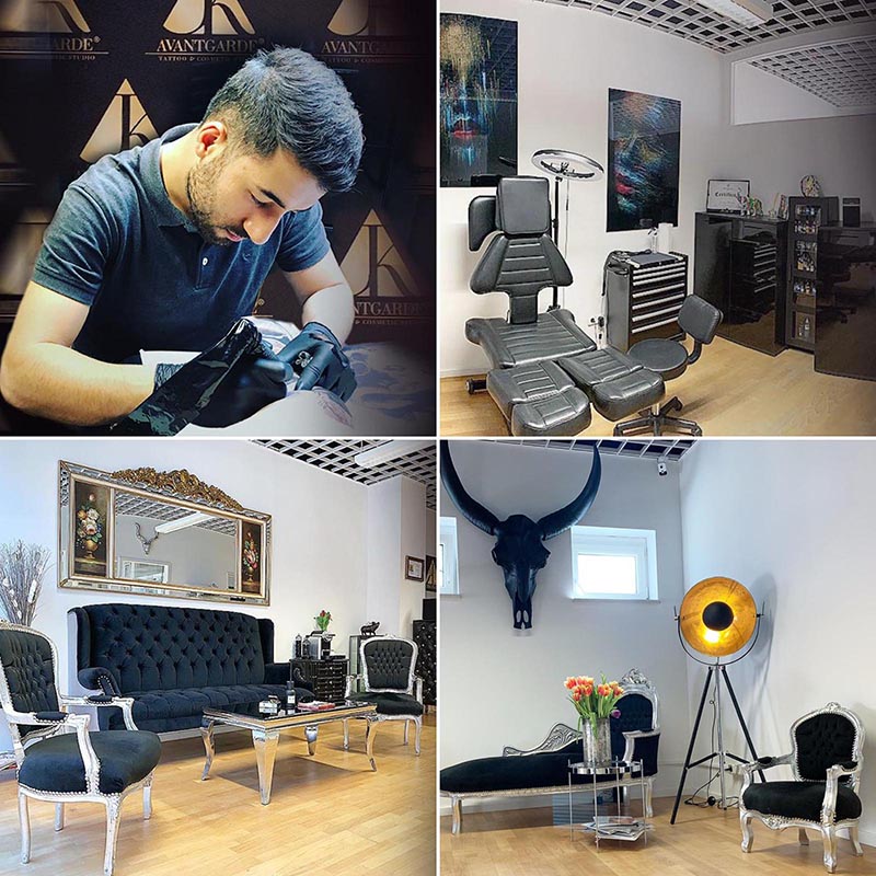Collage aus einer Arbeitsszene am Tätowierplatz und mehreren Studioansichten.