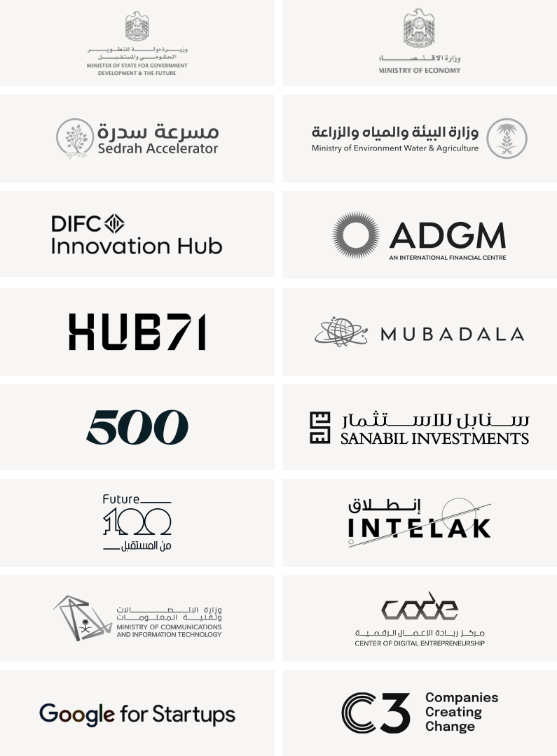 Grid of logos including Ministry of State for Government Development & The Future, Ministry of Economy, Sedrah Accelerator, Ministry of Environment Water & Agriculture, DIFC Innovation Hub, ADGM International Financial Centre, HUB71, Mubadala, 500, Sanabil Investments, Future 100, INTELAK, Ministry of Communications and Information Technology, Center of Digital Entrepreneurship, Google for Startups, and C3 Companies Creating Change.