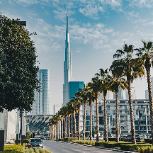 View of Burj Khalifa tower with a palm-lined street and modern buildings in Dubai.