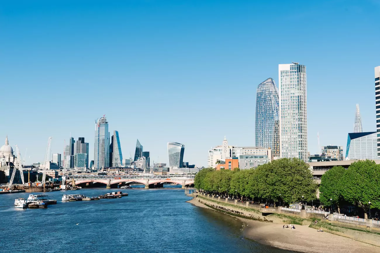 A view of London buildings from the River Thames