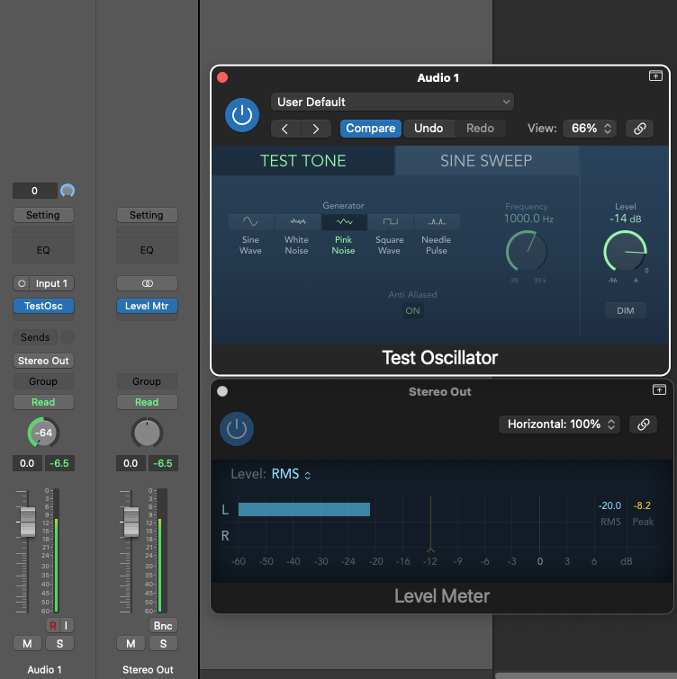 Screenshot of Apple Logic Pro's test oscillator device