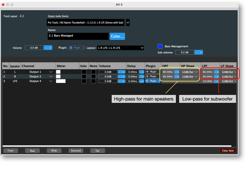 A screenshot of Ginger Audio Sphere's routing window and filtering options