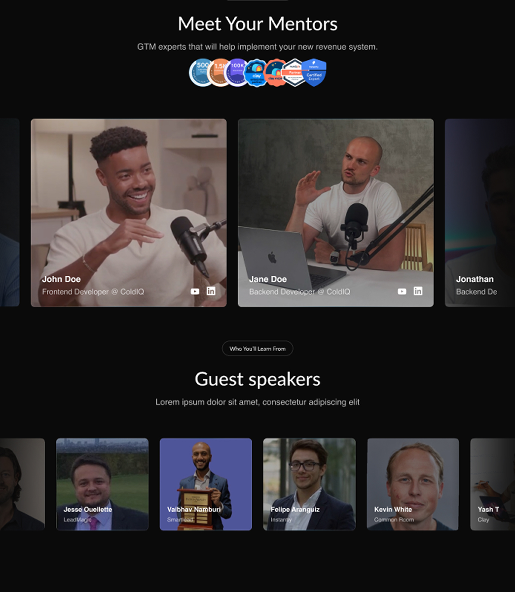 Website section titled 'Meet Your Mentors' showing photos of two mentors, John Doe and Jane Doe, each with microphones discussing topics, and a row of guest speakers below including Jesse Ouellette, Vaibhav Namburi, Felipe Aranguiz, and Kevin White.