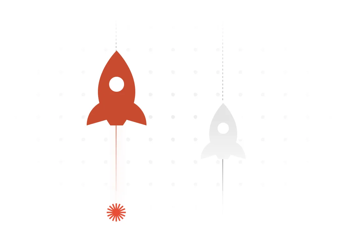 Two rocket icons suspended by dotted lines, one red and one gray, with a red burst shape below the red rocket.