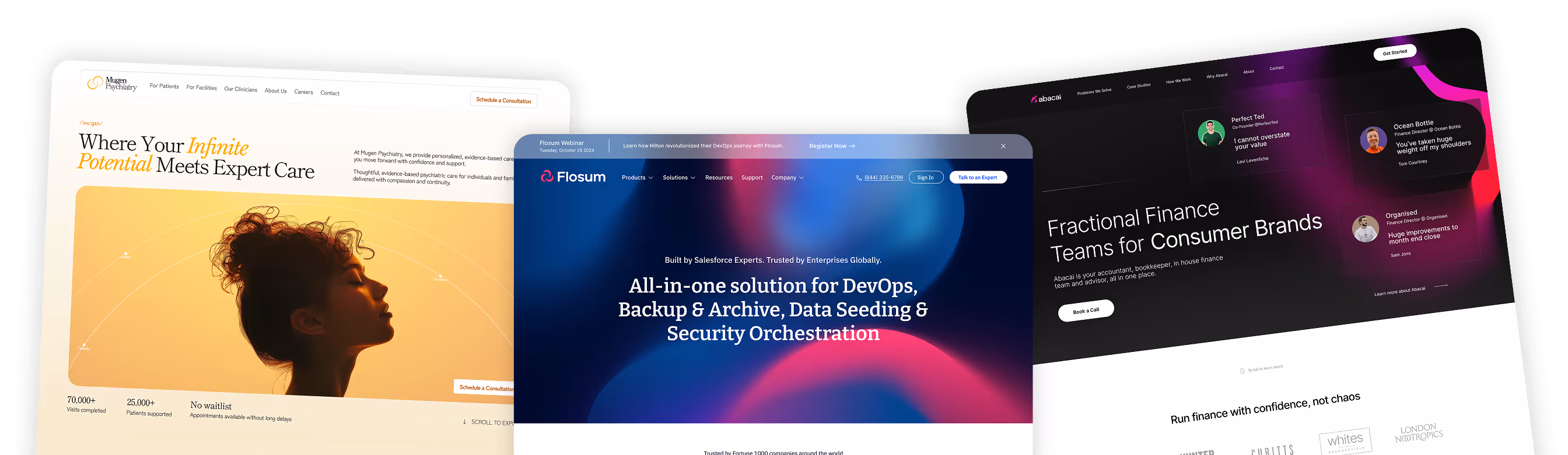 Three overlapping website landing pages showing Mugen Psychiatry with a profile of a woman and expert care message, Flosum offering DevOps security orchestration, and Abacai for fractional finance teams for consumer brands.