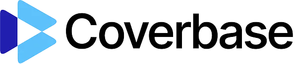 Coverbase logo with stylized blue and light blue geometric shapes to the left of the black text.