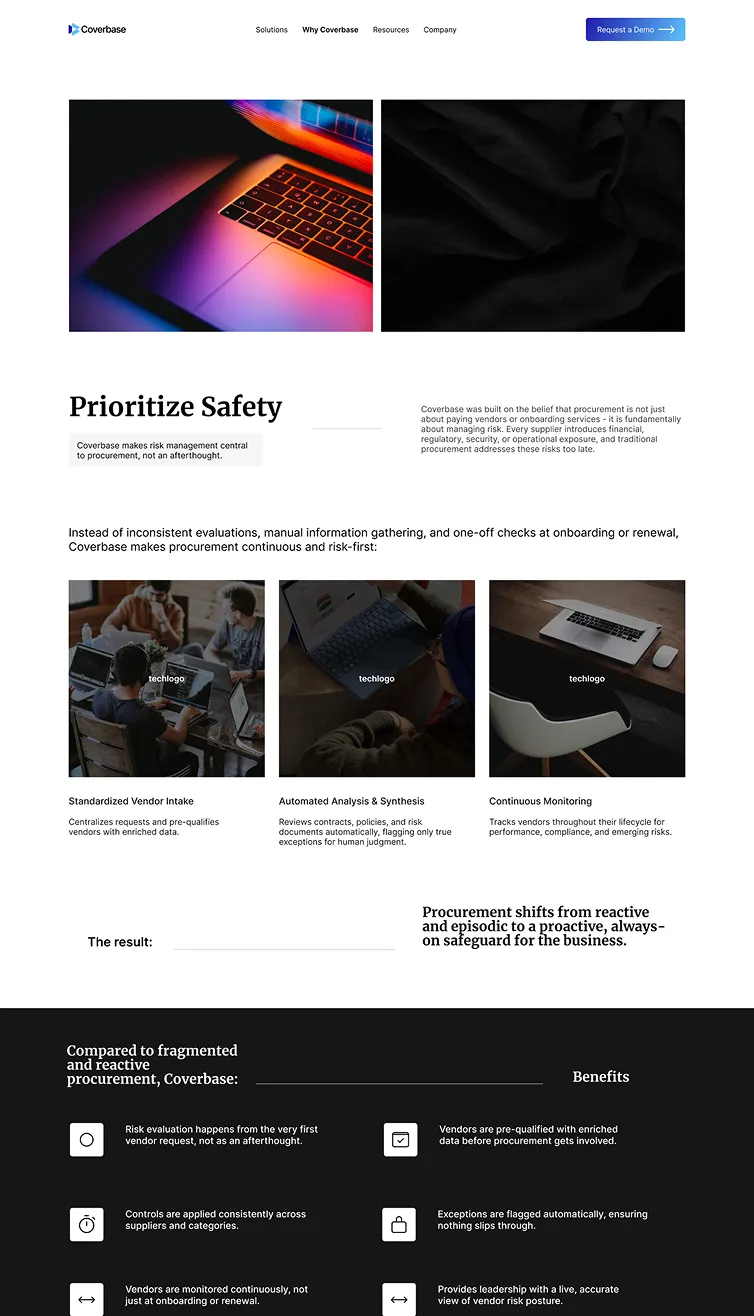 Coverbase webpage showcasing procurement safety with images of laptops and people working, emphasizing risk management and continuous procurement monitoring.