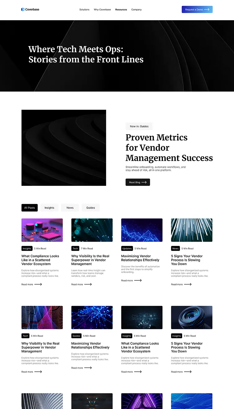 Coverbase website resources page with blog posts on vendor management, featuring categories like Insights, Tech, News, and Guides.