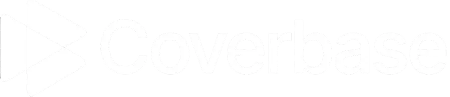 Coverbase logo with stylized double triangle icon to the left of the word Coverbase in white font.