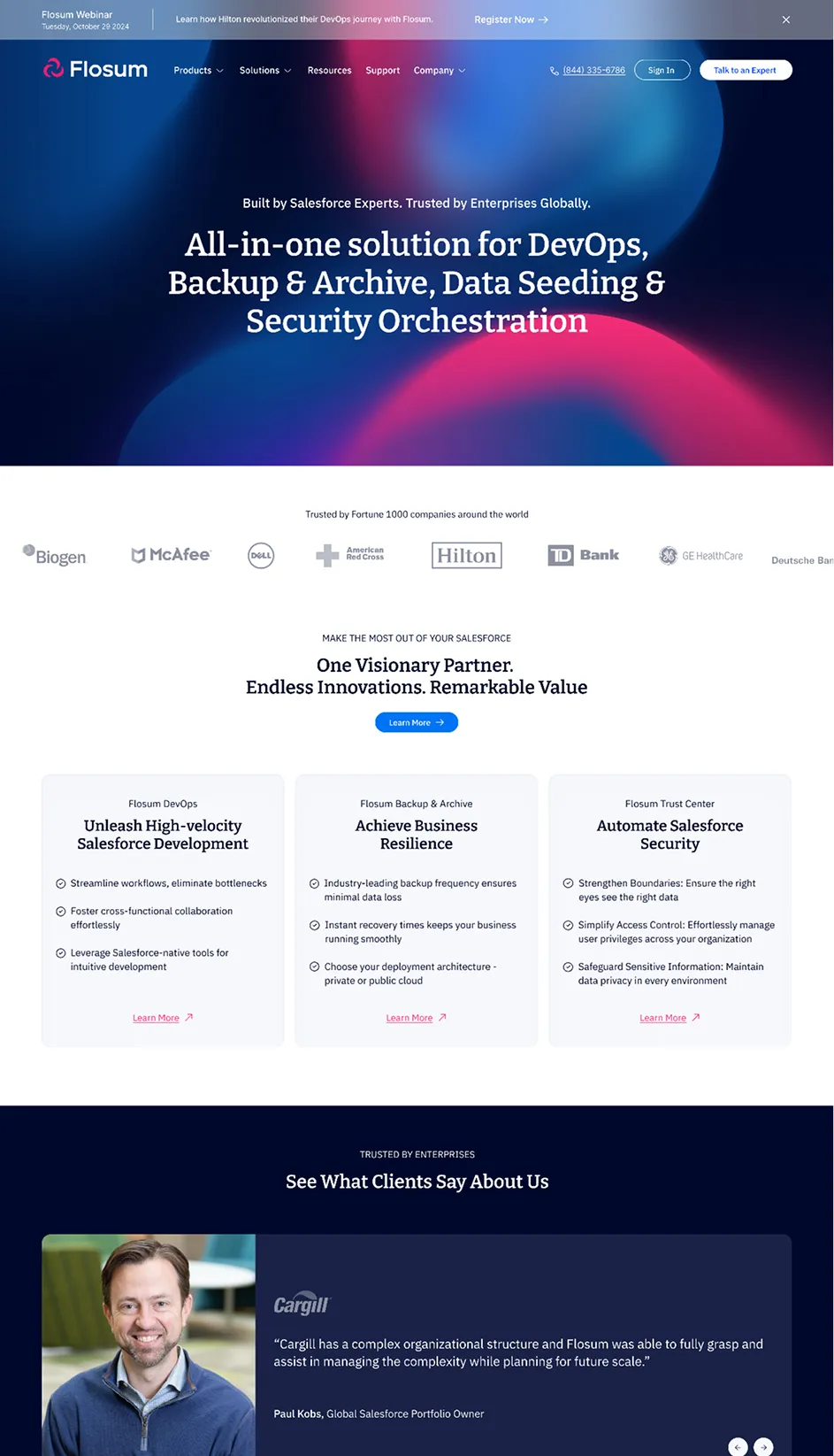 Flosum homepage showcasing an all-in-one DevOps, backup, archive, data seeding, and security orchestration solution, trusted by Fortune 1000 companies including Hilton and Dell, with client testimonial from Cargill.