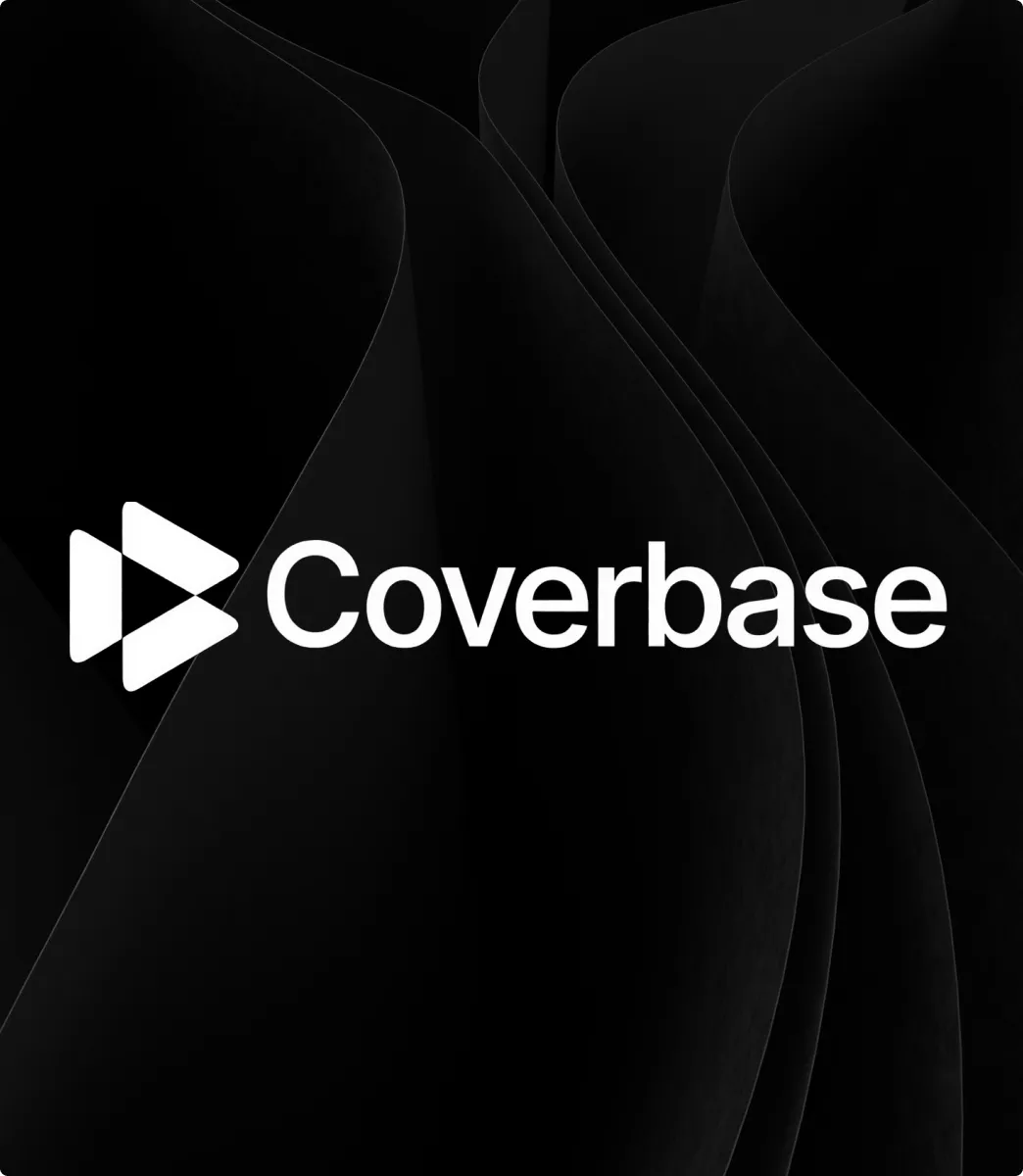 Coverbase company logo with three white triangular shapes and text on a black abstract background.
