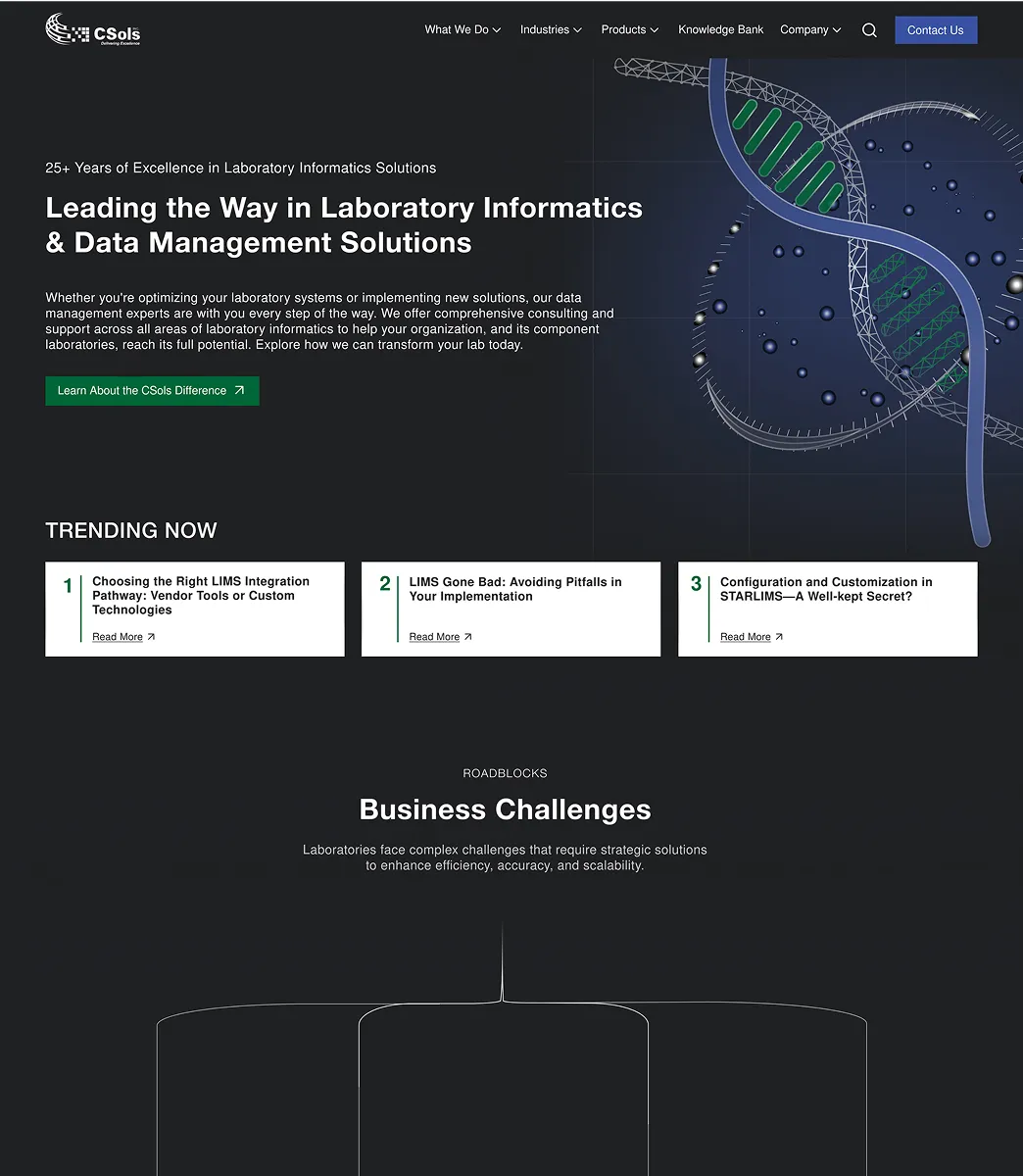 CSols homepage highlighting 25+ years in laboratory informatics with headlines on trending LIMS integration, pitfalls, and customization topics, plus DNA strand graphic.